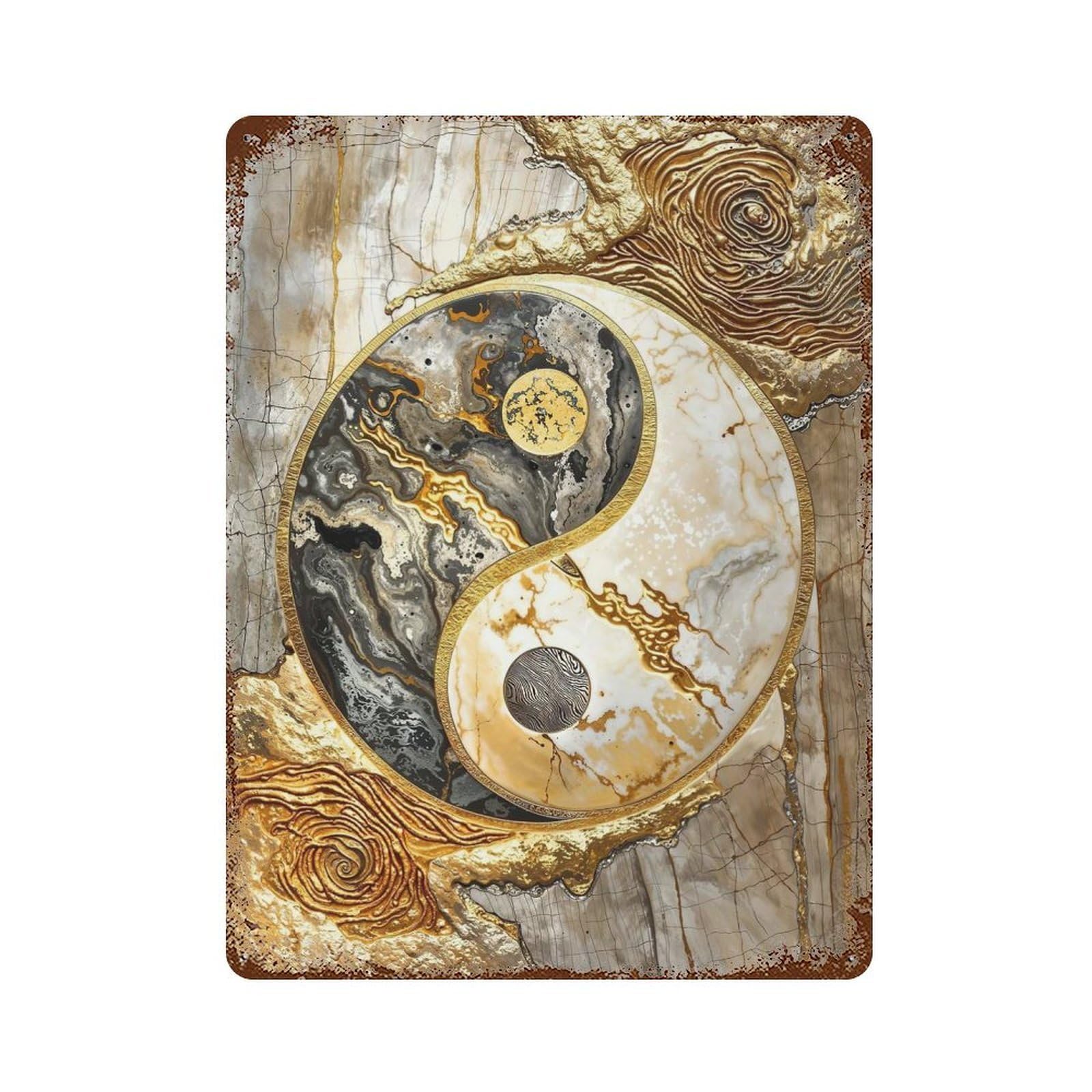 Golden Yin And Yang Unity Vintage Wall Sign 15.7"x11.8", Rust Effect Metal Decor for Garage, Bar And Workshop Decor