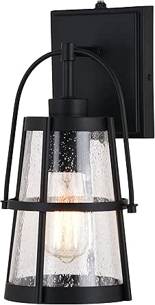 VAXCEL Portage Park 12.75 in. H 1-Light Matte Black Dusk to Dawn Sensor Outdoor Wall Sconce, Durable Steel, Clear Seeded Glass Shade, LED Compatible for Exterior Porch Patio Front Door or Garage