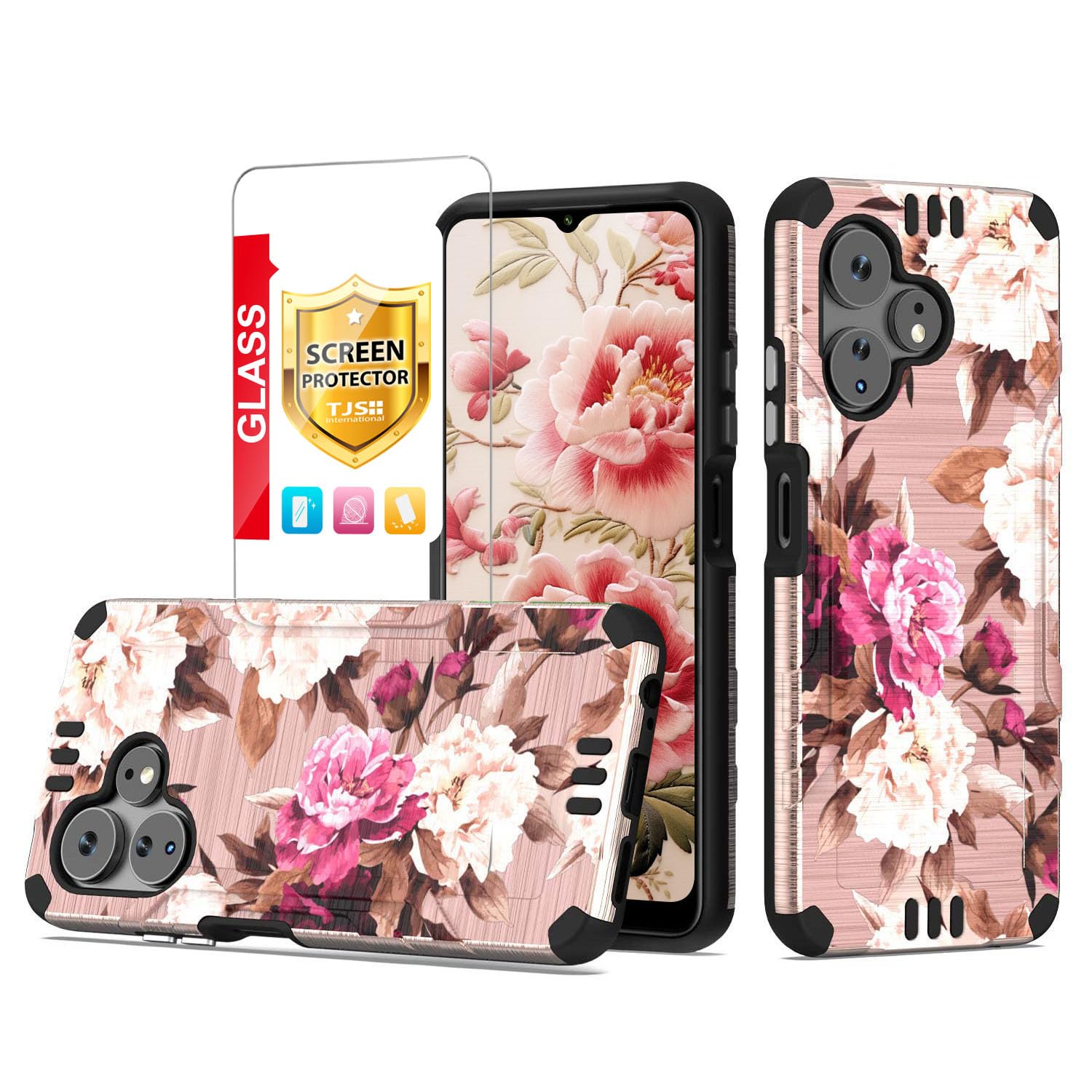 TJS Compatible for Boost Mobile Celero 5G + Plus 2024 (3rd Version) Case, Tempered Glass Screen Protector, Hybrid Shockproof Metallic Brush Finish