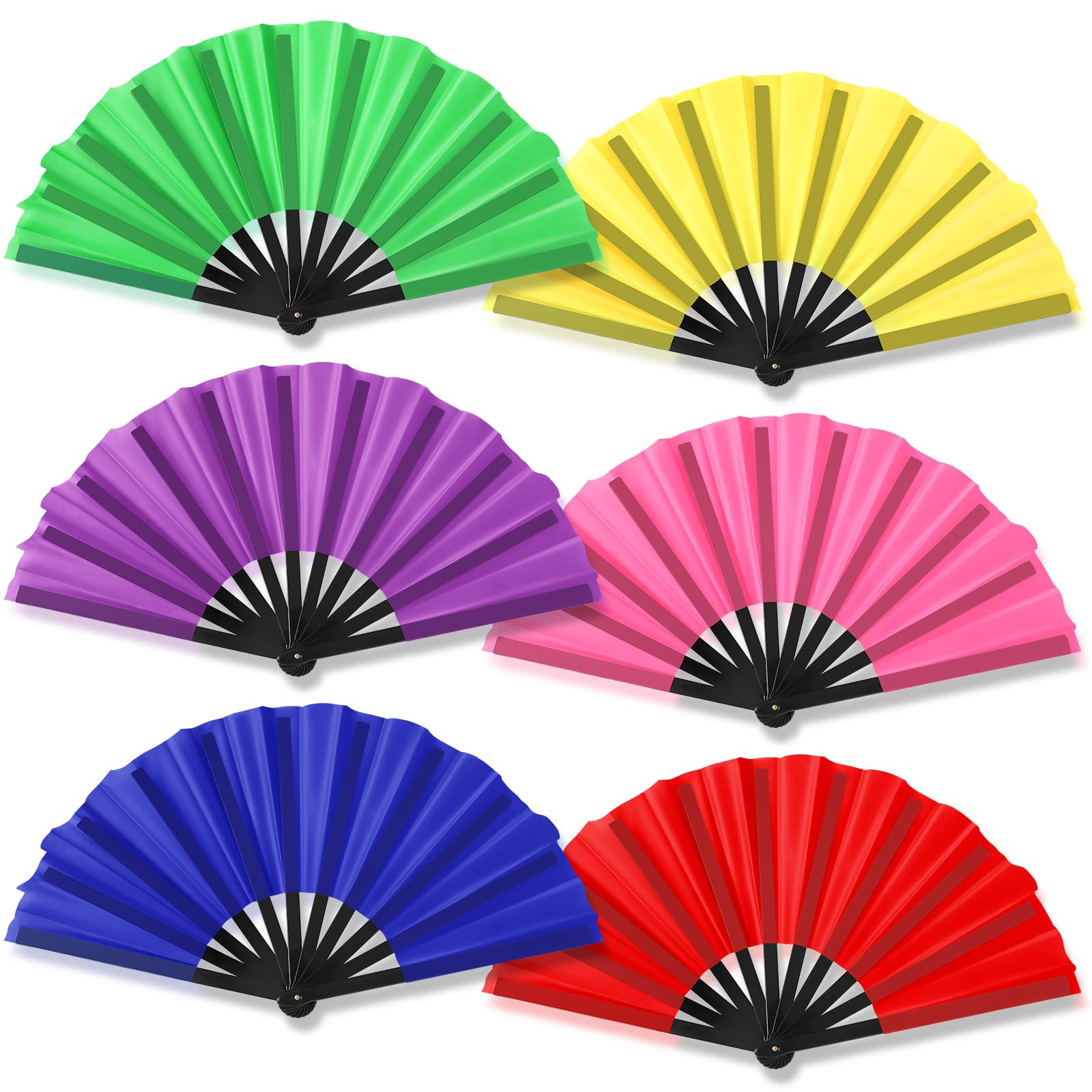 Leinuosen 6 Pcs 13 Inch Large Folding Fans for Line Dancing, Foldable Hand Fans for 70s 80s Neon Party Retro Dancing Night, Disco Party Supplies, Bulk
