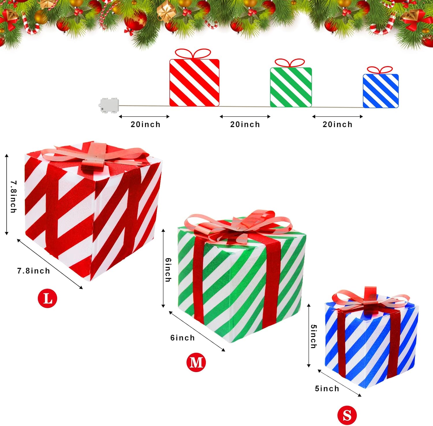Set of 3 Christmas Lighted Gift Boxes, 60 LED Warm White Light-Up Christmas Box Decrations, Snowflakes Presents Boxs with Red Bows for Xmas Indoor Outdoor Tree, Yard, Home, Party Holiday Decor : Patio, Lawn & Garden