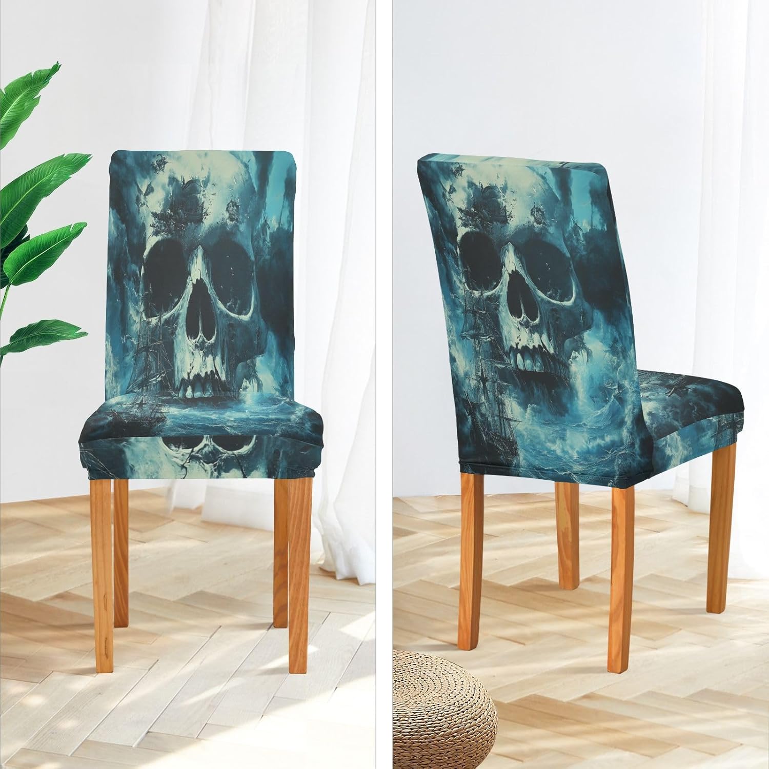 ALAZA Chair Covers for Dining Room, Skull Ocean Pirate Ship Stretch Chair Cover Sets Chair Protector Removable Washable for Ktichen Restaurant Hotel