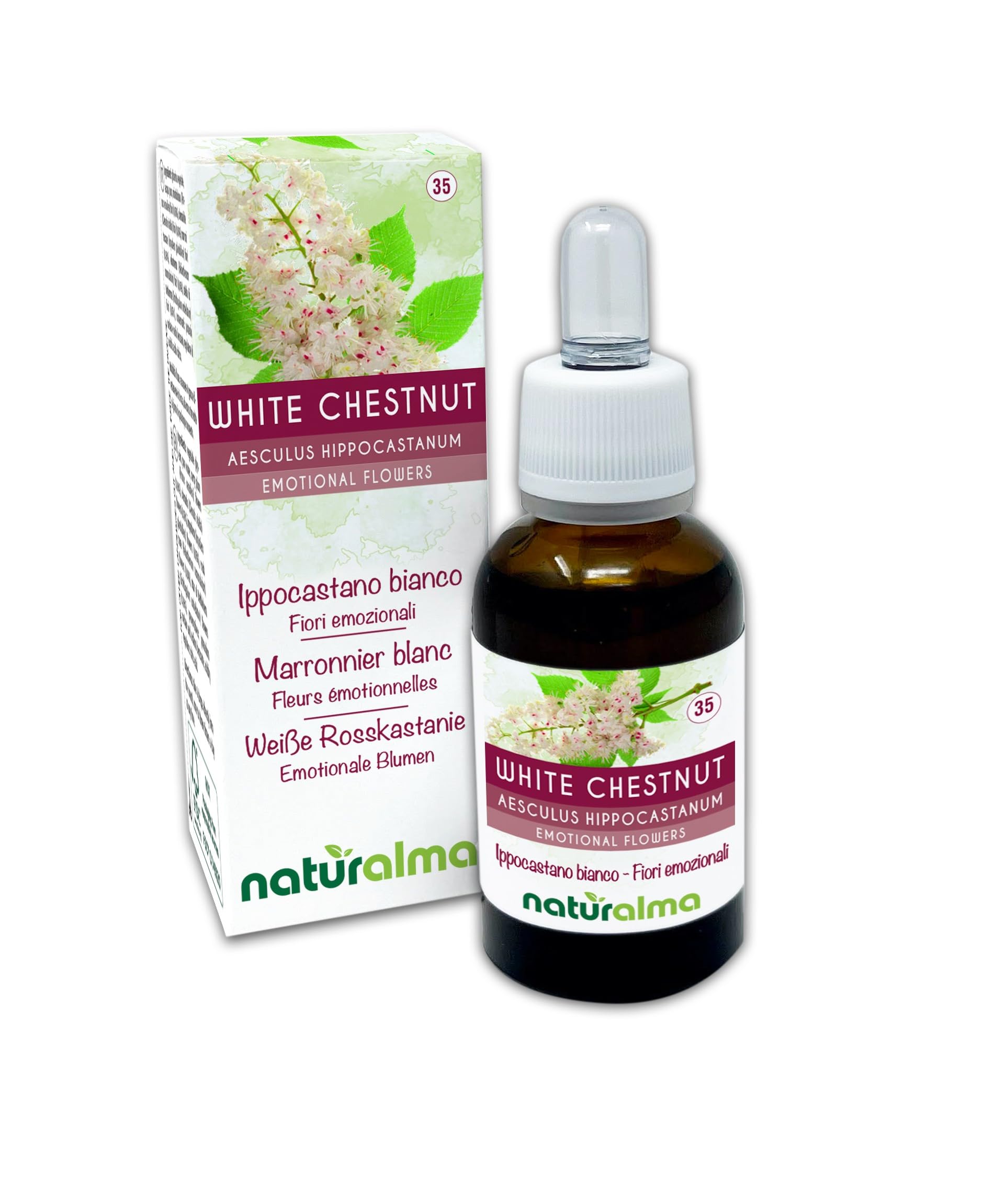 White chestnut lub Kasztanowiec biały (Aesculus hippocastanum) Kwiaty emocji lub Kwiaty Bacha Naturalma - Krople 30 ml - Płynny ekstrakt bezalkoholowy - Esencje kwiatowe - Wegański