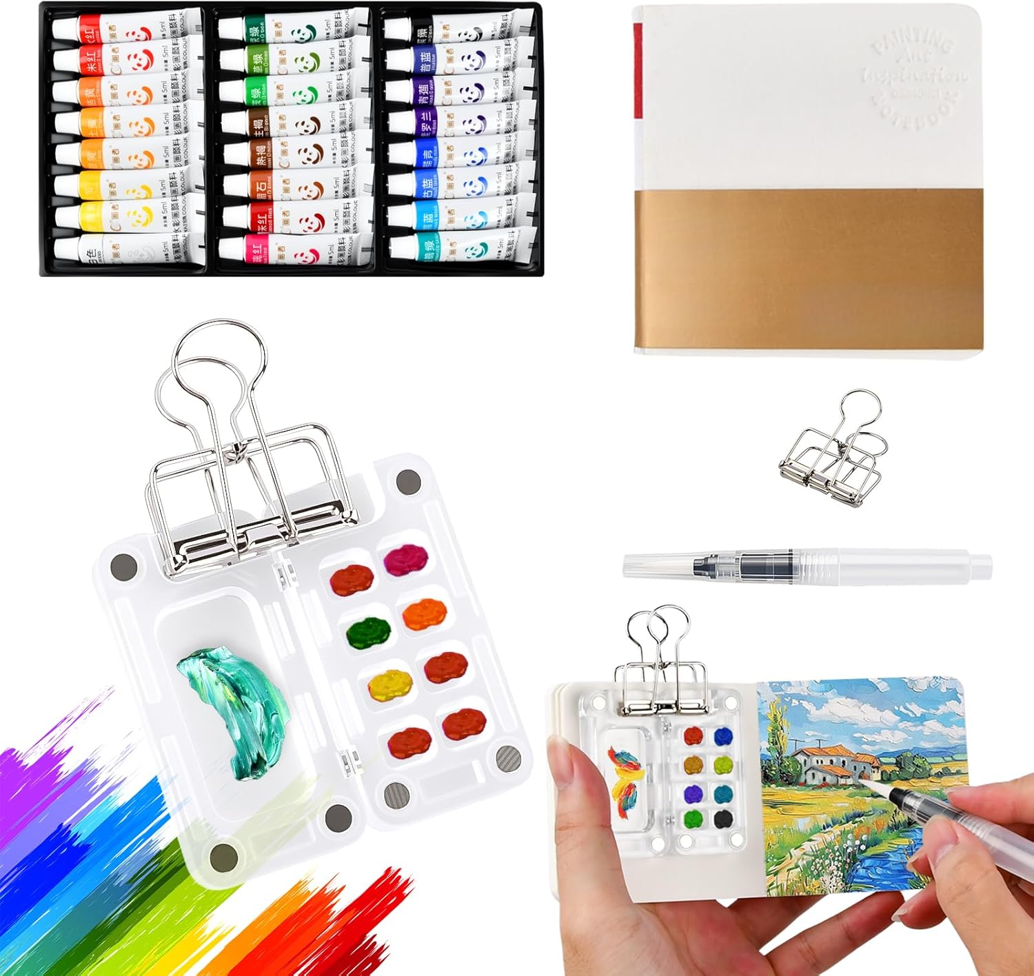 Portable Watercolor Palette, Drawing Palette, Mini Travel Watercolor Painting Palette Mini Wooden Magnetic Palette for Artists, Beginners (8 Grids 24 Colors)