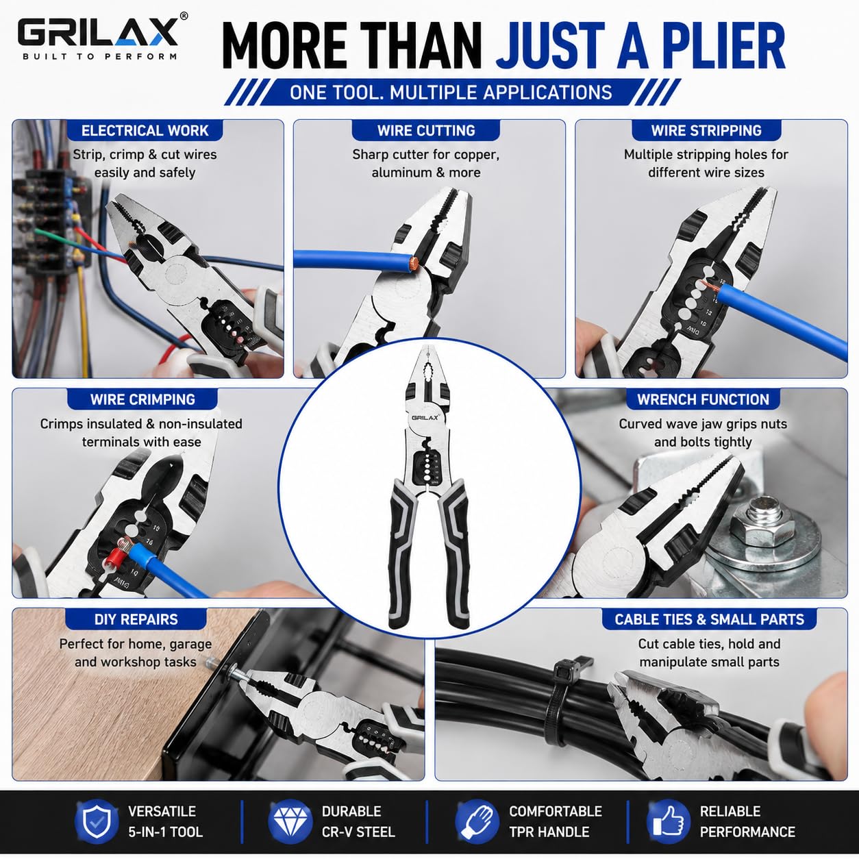 5 in 1 Multipurpose Electrician Plier/Cutting Plier with Gripping, Wrench, Wire Cutter, Crimping Tool & Wire Stripper Fuction (Chrome Vanadium Forged (Steel, Silver) (PACK OF 1) — Amazon image 5
