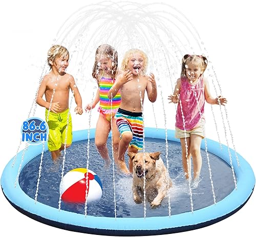 Eooqi Almohadilla antideslizante para niños de 87 pulgadas, almohadilla inflable para salpicaduras de agua gruesa para jugar al perro, aspersor para