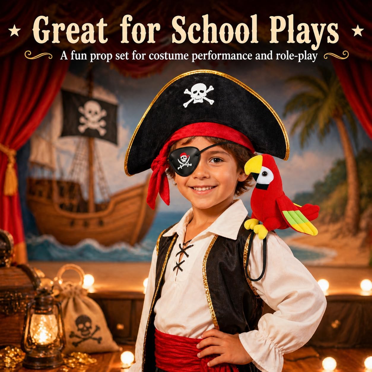3Pcs Pirate Hat & Stuffed Shoulder Parrot & Eye Patches, Pirates Costume Accessories Skull Print Patch for Woman Men Adults Kids for Halloween School Shows and Cosplay Props