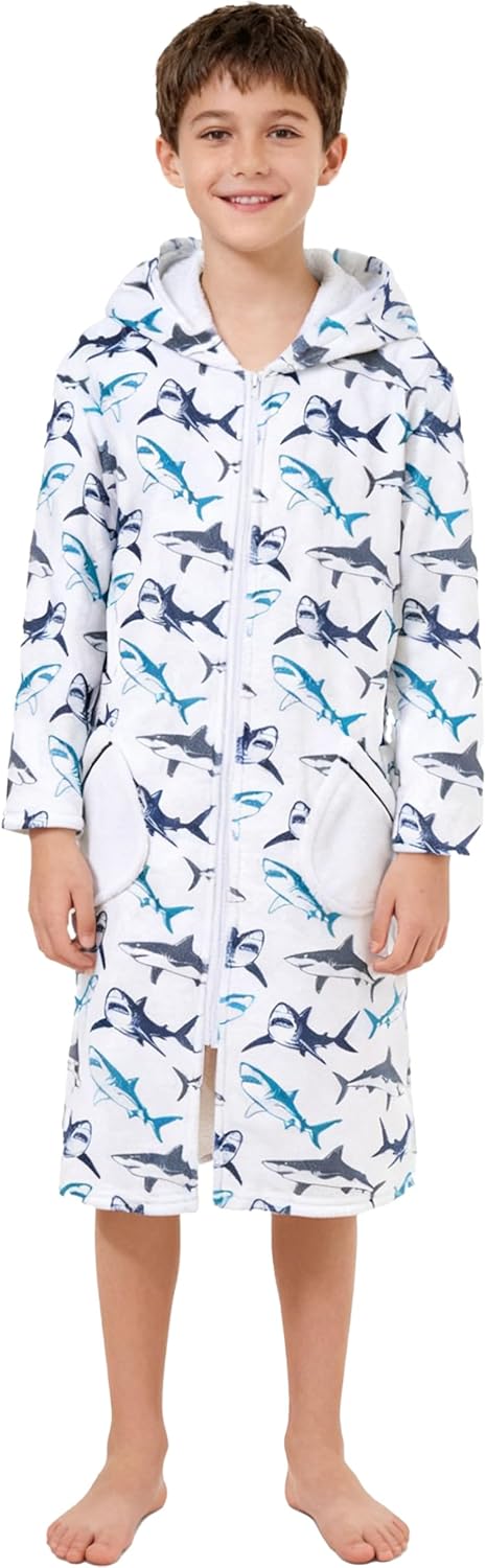 Funnycokid Boys Bathrobe Zipper Kids Soft Fleece Hooded Robe 7-14 Years