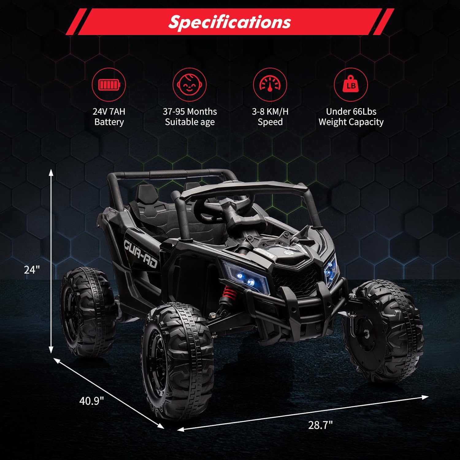 24V Ride On Car for Kids w/Remote Control, Battery Powered Off-Road UTV, 400W Motors,19" Spacious Seat, 4 Shock Absorbers, 4.5 Mph Max Speed, Music, LED Lights, Electric Car for Big Kids, Black