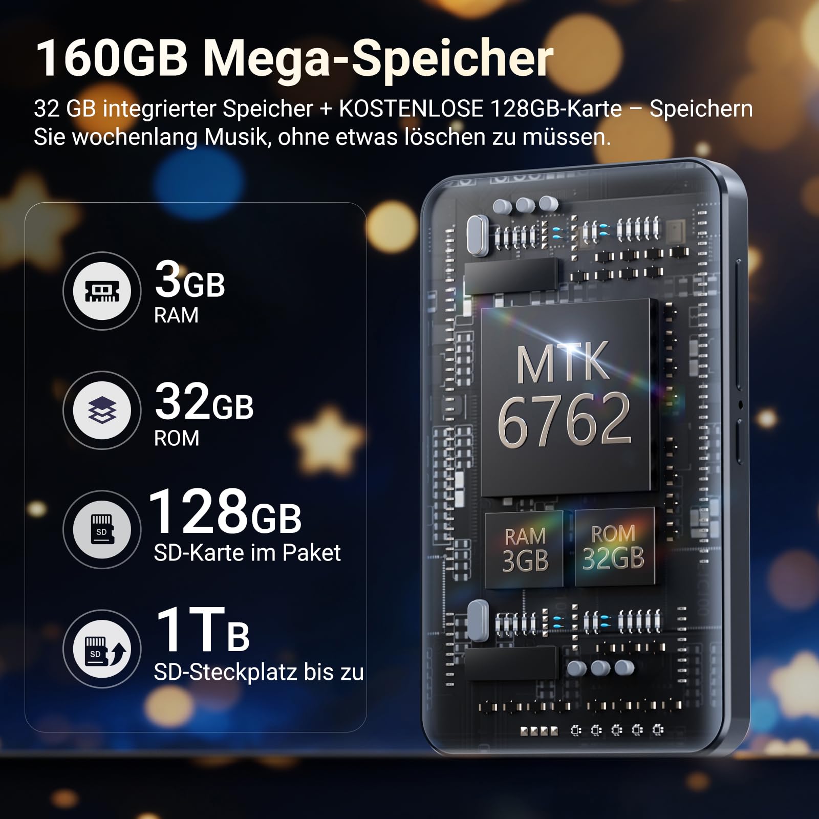 MECHEN 160GB MP3 Player Spotify mit WiFi Bluetooth, 4 Zoll Touchscreen, Android 13 MP4 Player, Audible Compatible, FM Radio, Amazon Music, Deezer, Play Store (160GB)