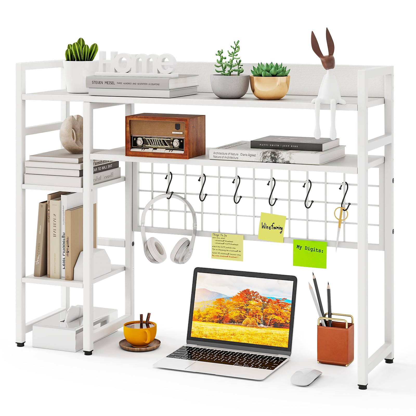 COSTWAY Estantería de Escritorio Sobremaesa, 4 Niveles y Compartimento Abierto Trasero, 6 Ganchos, Organizador de Almacenamiento de Escritorio de Madera, 94 x 25 x 73,5 cm (Blanco)