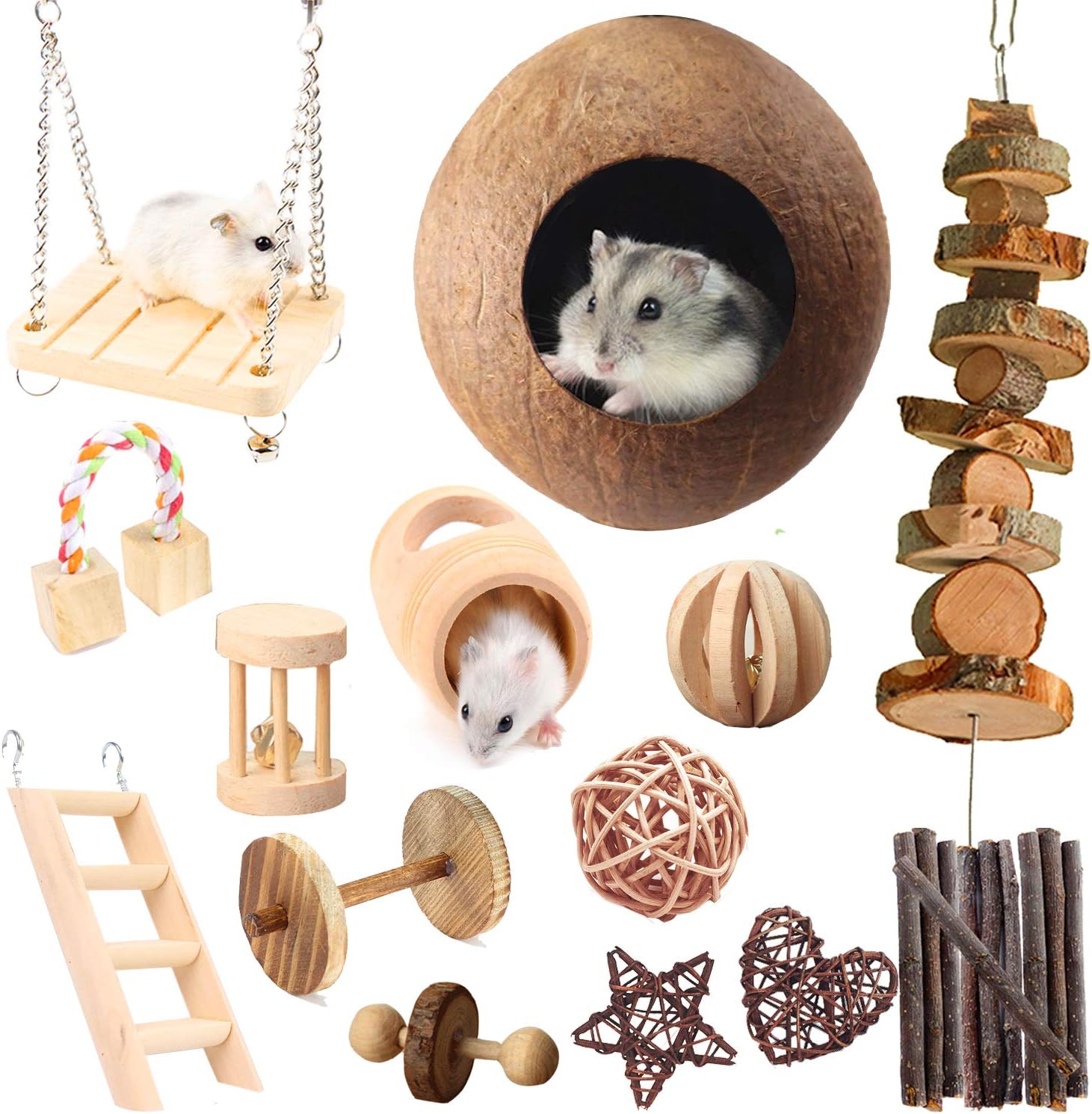 Hamster Chew Toys, 23pcs Natural Wooden Pine Rats Toys Accessories, Coconut Shell, Tube, Swing, Ladder, Dumbells Exercise Bell Roller Teeth Care Molar Toy