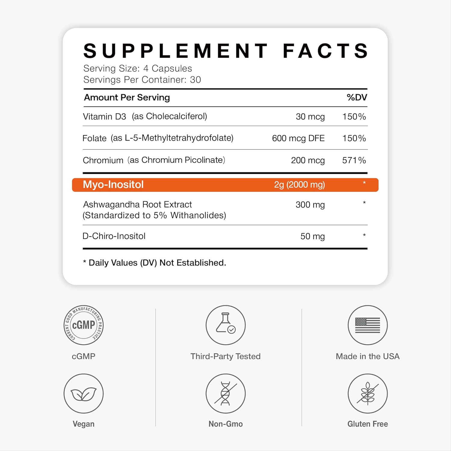 Myo-Inositol & D-Chiro Inositol Supplement for Women – Hormone Balance, Fertility & Ovarian Support- Ideal 40:1 Inositol Plus Ashwagandha, MTHF Folate, Vitamin D3 & Chromium - Non-GMO,120 Veg Capsules