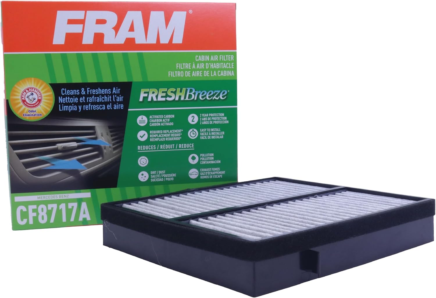 FRAM Fresh Breeze Cabin Air Filter Replacement for Car Passenger Compartment w/ Arm and Hammer Baking Soda, Easy Install, CF8717A for Mercedes-Benz Vehicles