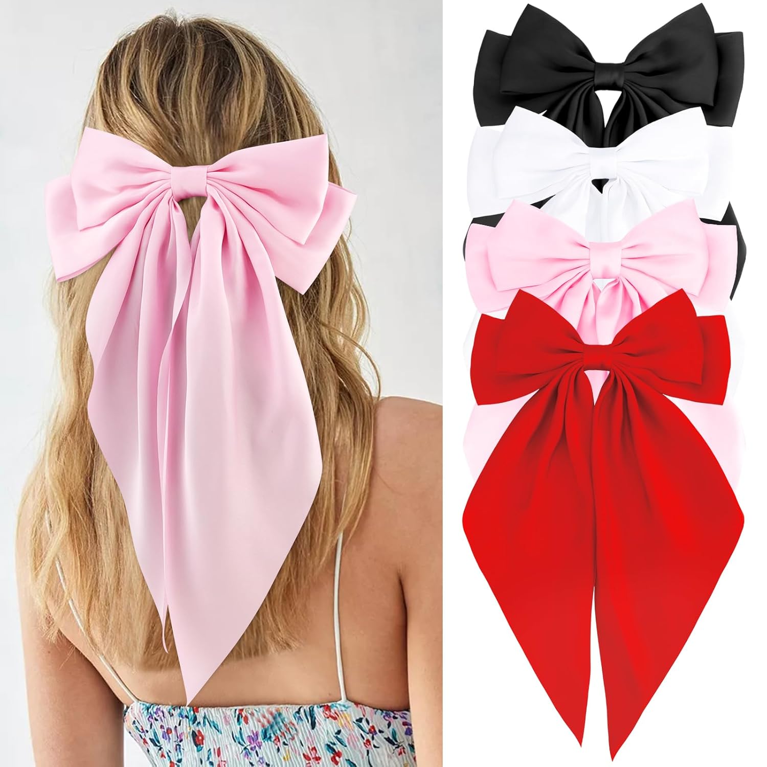 Velscrun Black White Pink Red Hair Bows for Women Girls, Silky Satin Large Coquette Bow, Oversized Hair Ribbons 4Pcs Big Bows Clip Long Tail Bowknot Hair Barrettes Christmas Bow Accessories