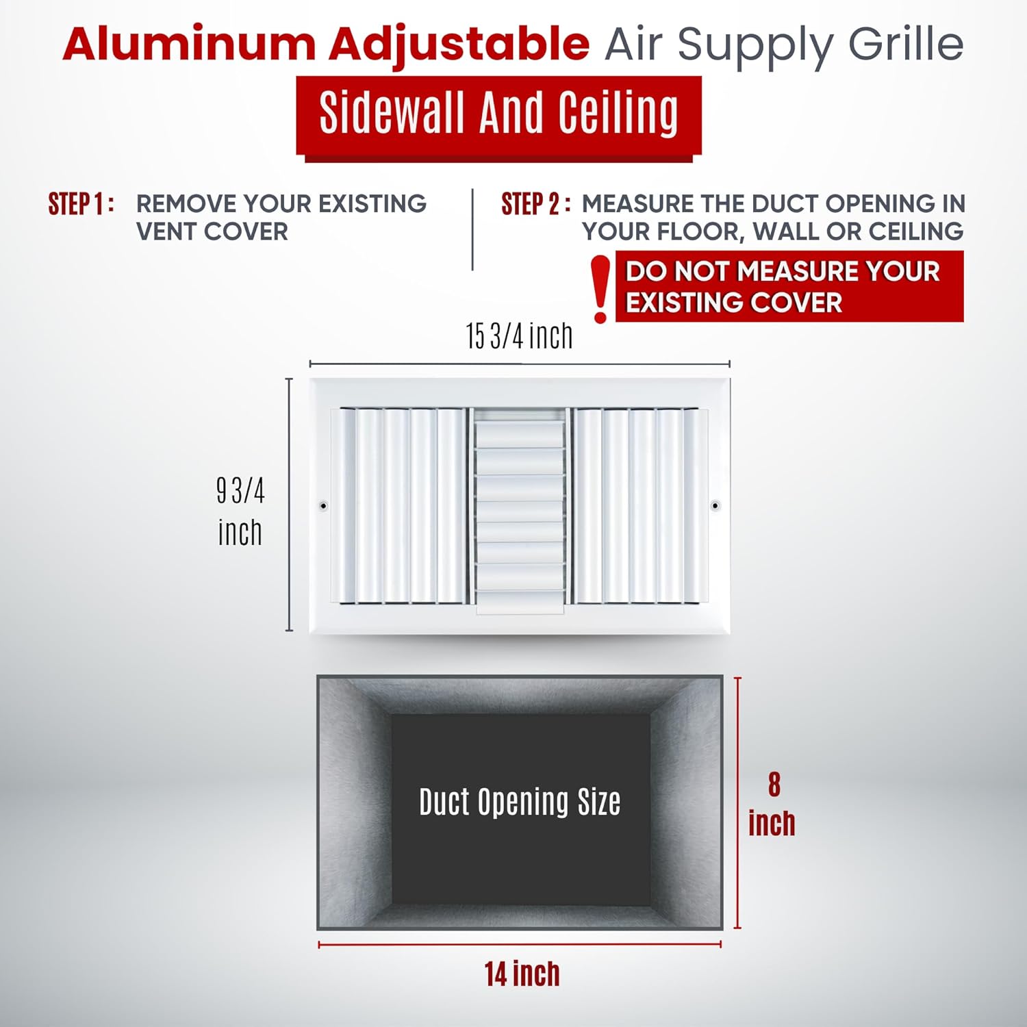 Fits 14x8 Duct Opening Aluminum 3-Way Adjustable Air Supply Grille by Handua | Curved Blade Register Vent Cover for Sidewall & Ceiling | White | Outer Size: 15.75" X 9.75"