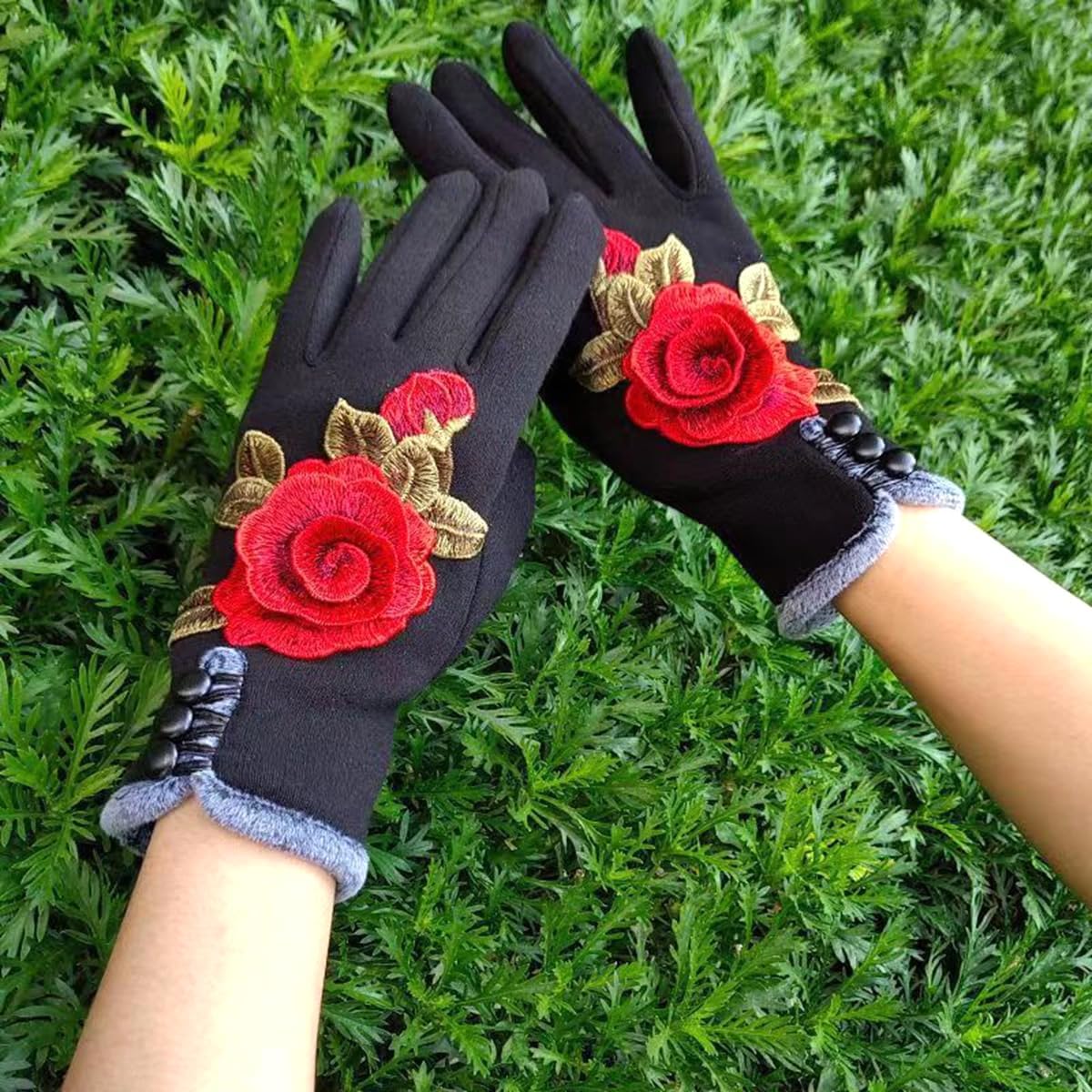 Specell Women Winter Warm Gloves Embroidered Flowers Fleece Lining Touchscreen Fingertips Mittens Windproof for Cold Weather
