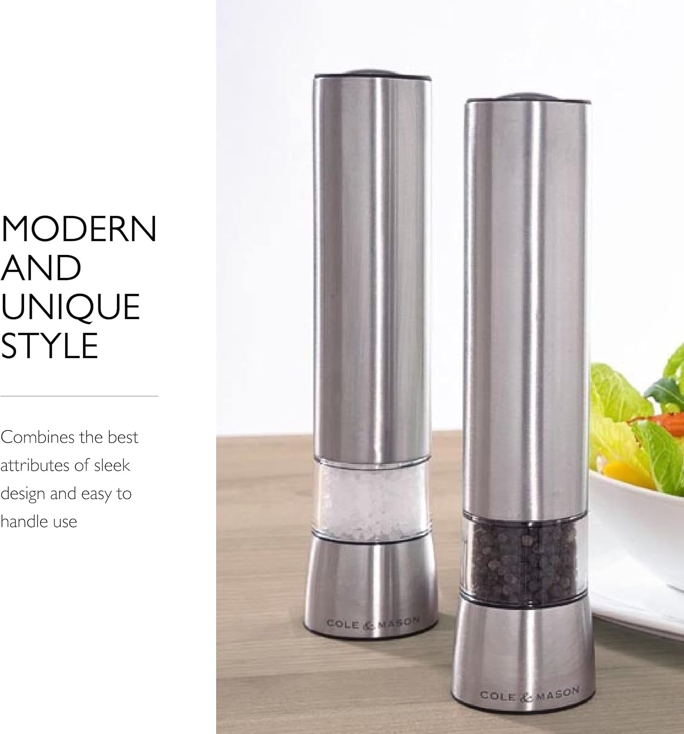 COLE & MASON Hampstead Electric Pepper Grinder with LED Light - Electronic Battery Operated Peppercorn Mill, Stainless Steel
