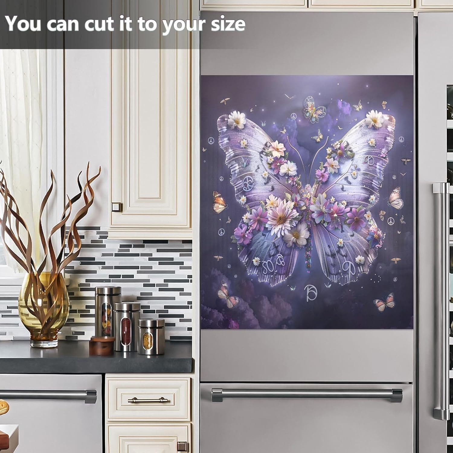 Purple Butterfly with Flowers Magnet Dishwasher Cover, Decorative Magnetic Dishwasher Panel Decal Reusable Wash Machine Fridge Door Cover 23 x 26 Inches