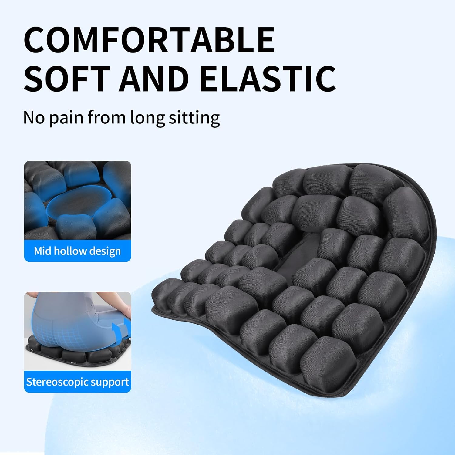 Airplane Seat Cushion - INFLATE/Deflate Built in Pump Inflatable Pad for Office Chairs, Wheelchairs, Car Seats & Outdoor Cushions 17.7x15.7 inches (Black)