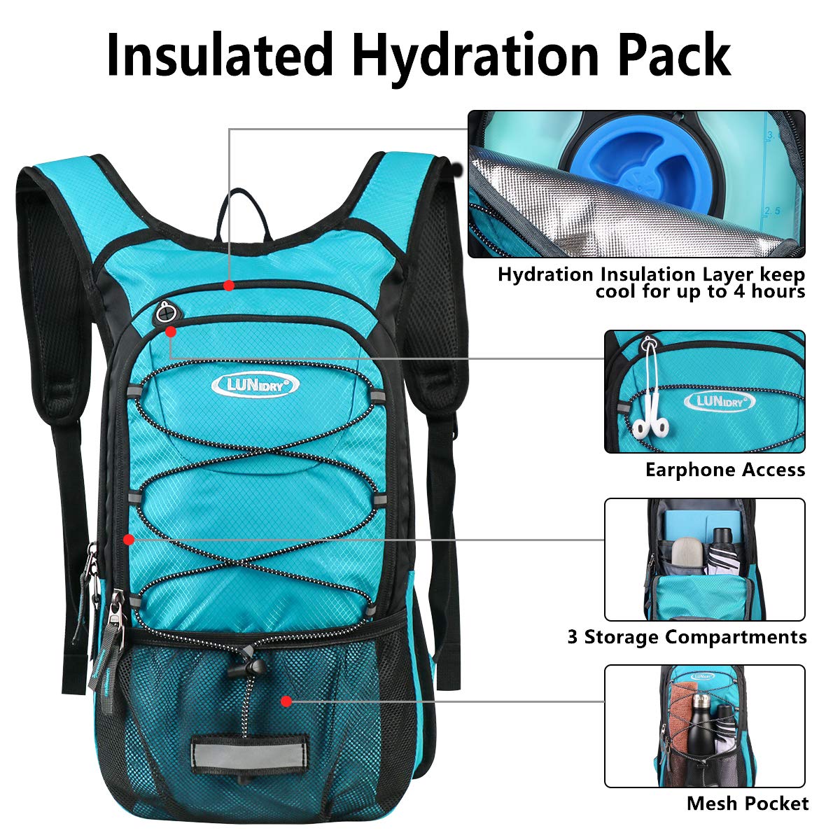 Sac Trail Sac à Dos D'hydratation Lunidry 15L Avec Poche à Eau 3L – Rando, Trail, VTT – Ajustable Homme/femme équipement Sport Running