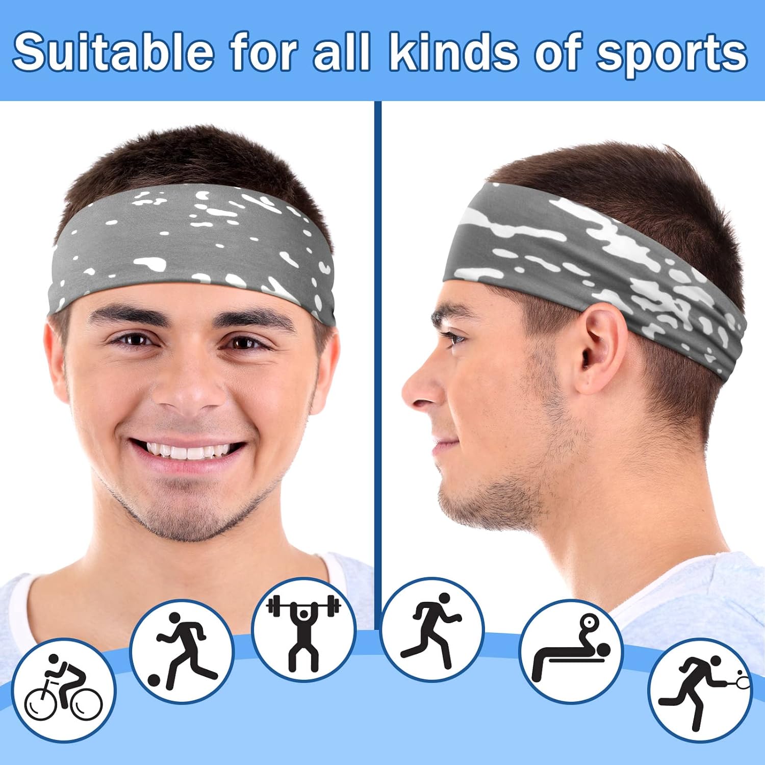 Men's Sweatbands for Workout and Sports - Camo Headband, Sweat Absorbing Wide Headband for Basketball, Football, Cycling, Running, Yoga, 4.7 x 9.8 Inch - Image 3