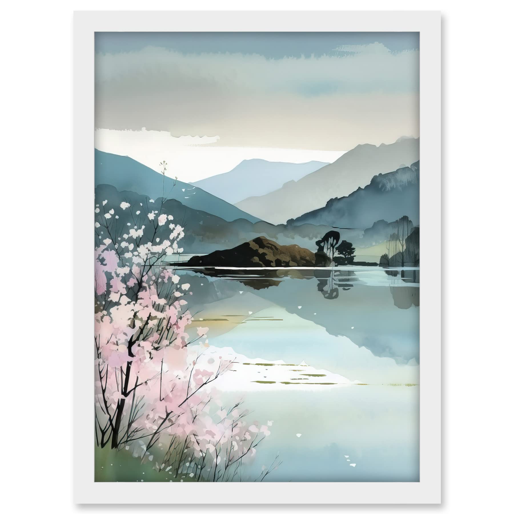 Artery8 Lakeside Landscape with Cherry Blossom Tree Modern Watercolour Painting Artwork Framed A3 Wall Art Print