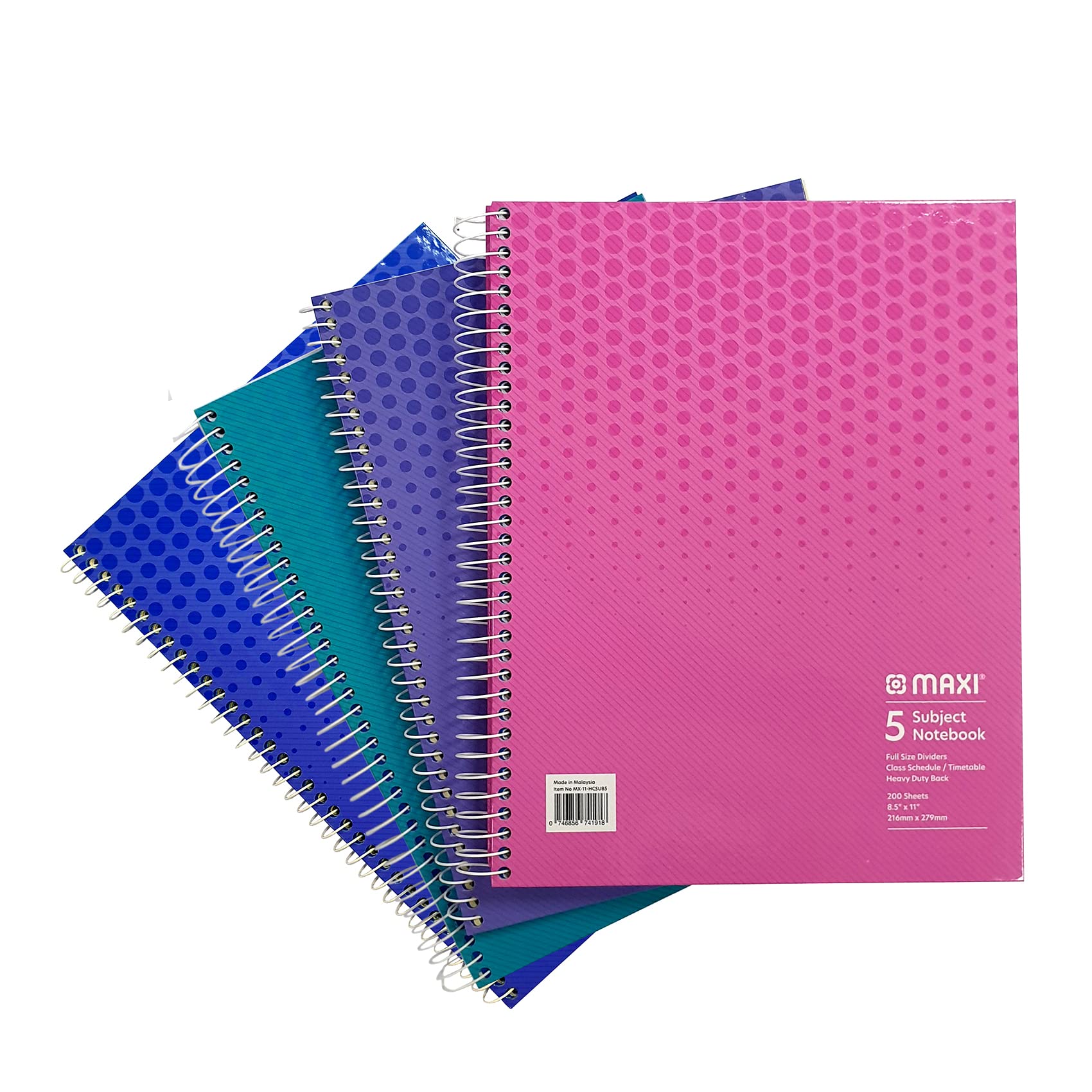 Spiral Hard Cover 5 Subject Notebook 27.9 cmX21.6 cm 200 Sheets, Assorted Colours, White, 11-Hcsub5