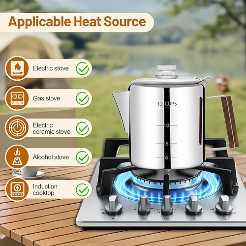 Miniatura 4 de Cafetera percoladora sin revestimiento de 12 tazas de acero inoxidable 304, olla Moka para estufa, máquina de café italiano Greca cubana, 74.4 fl