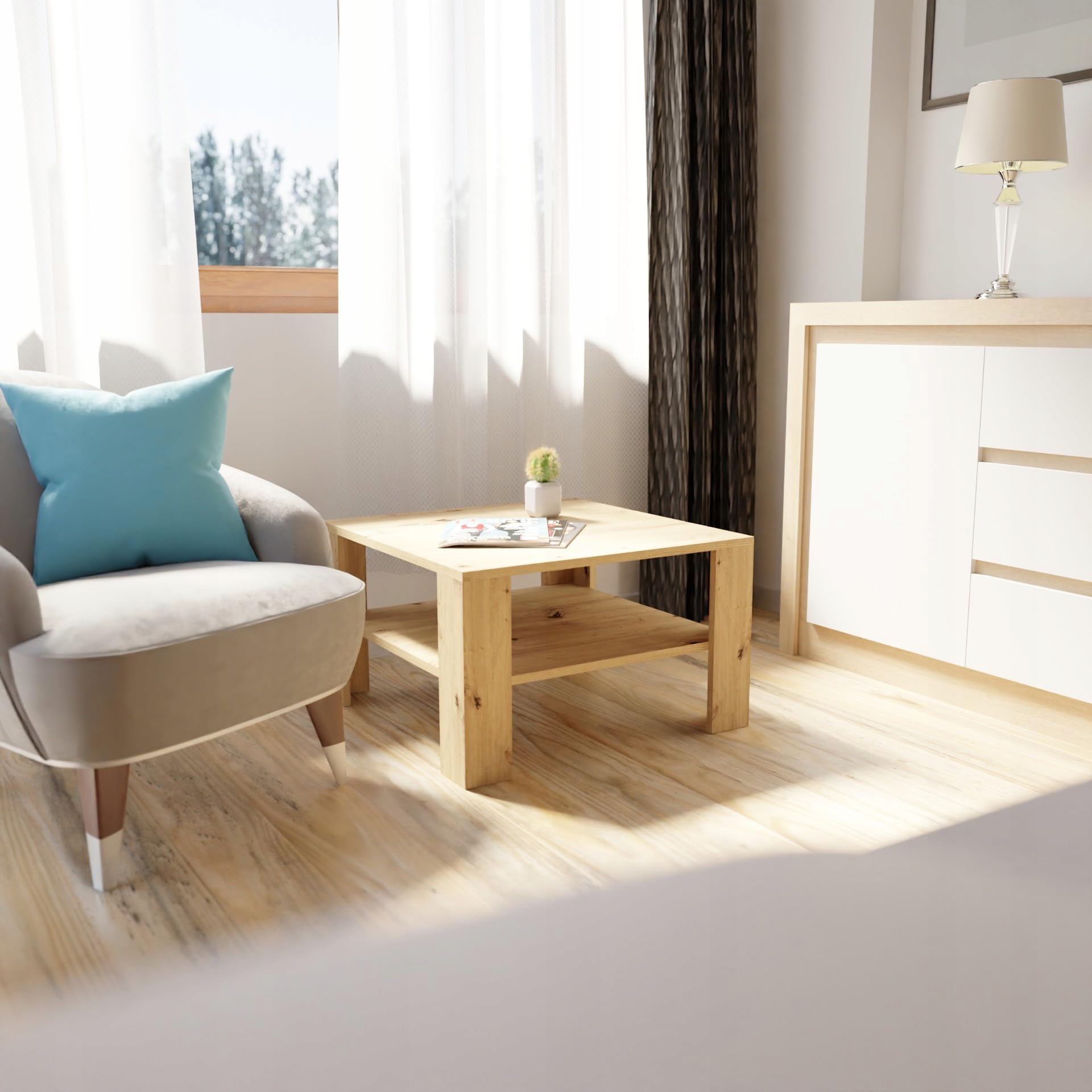 MATKAM Elegante Couchtisch 68x68 cm NIEDRIG EX3, Minimalistisches Design, ideal für Wohn- und Arbeitsräume, einfache Montage (Artisan Eiche)