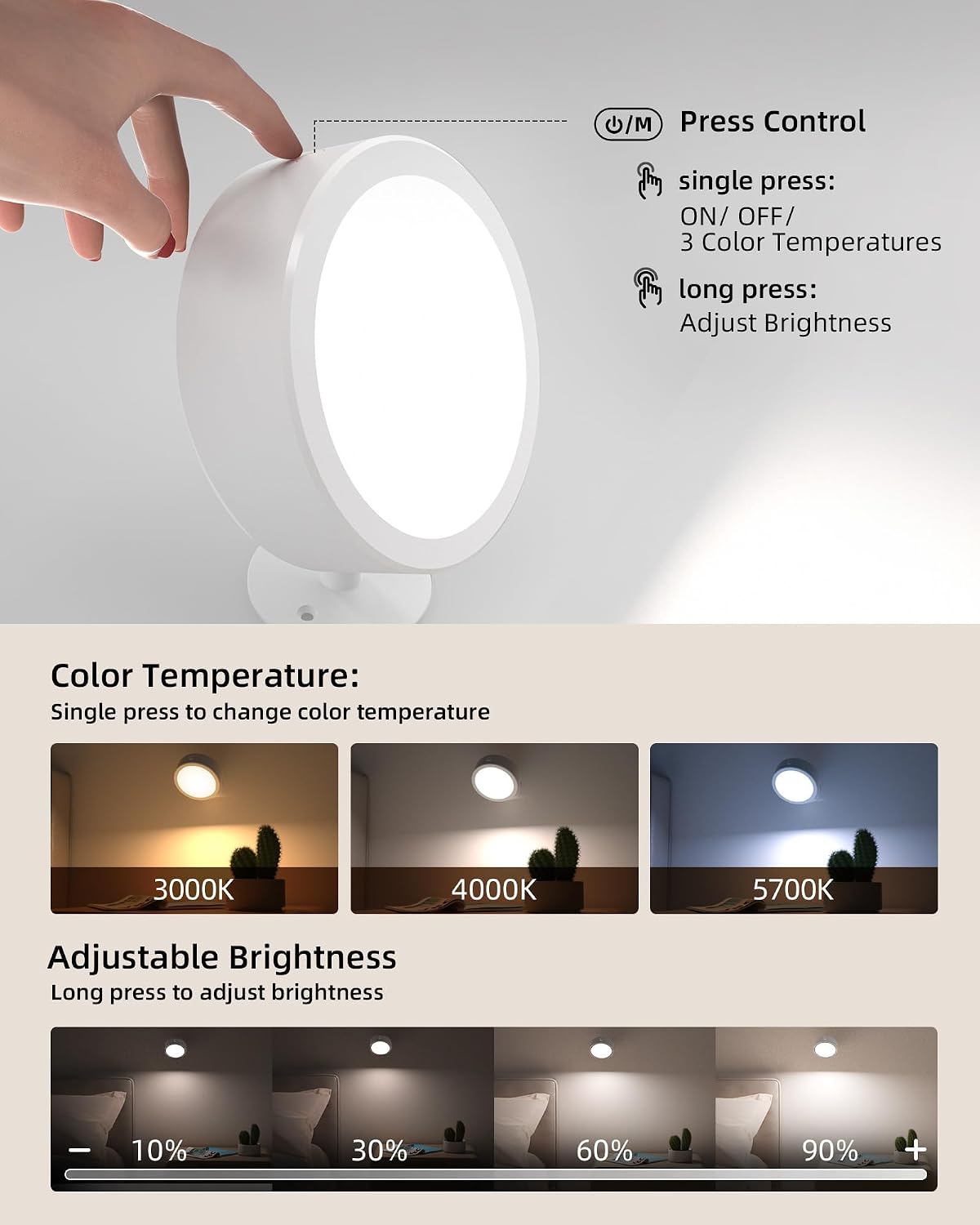 EZVALO LED Wall Mounted Light, 3000mAh Rechargeable Cordless Wall Sconce, Dimmable with Remote & Touch Control, 3 Color Temps, 360° Rotatable for Bedroom, Bedside, Reading(White, 3Pack)