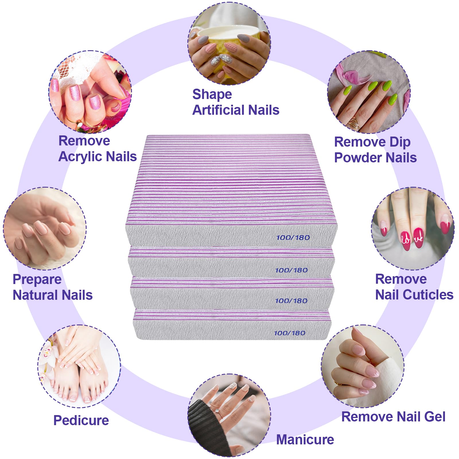 Lima de uñas de grano 100/180 (paquete de 100), limas de uñas acrílicas y naturales, lima de uñas profesional de doble cara, reutilizable, lavable, para manicura, cuadrada, color gris
