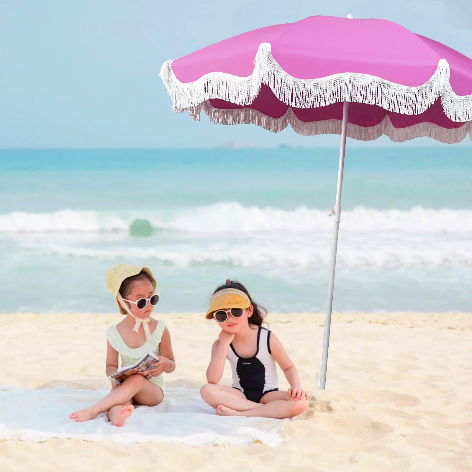 Pink Patio Umbrella With Fringe Umbrella Outdoor Patio White Boho Beach Umbrella Sun Protection Portable Tilt Pool Umbrella 6ft Outdoor Umbrella for Patio Garden Beach Backyard ( Color : Pink )