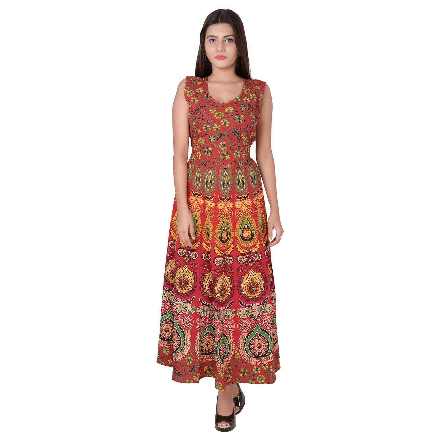 doraya Women's Cotton Rajasthani Jaipuri Traditional Floral Printed Long Midi Maxi One Piece Dress-picture-35