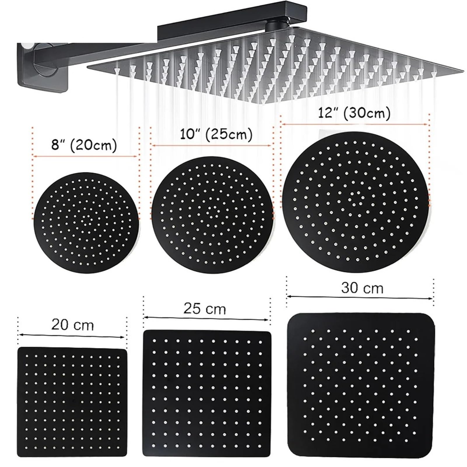 Czarna głowica prysznicowa ze stali nierdzewnej 25 cm – kwadratowa i okrągła – grubość 2 mm – uchwyt ścienny/sufitowy – nowoczesna armatura łazienkowa zapewnia wrażenia przypominające spa