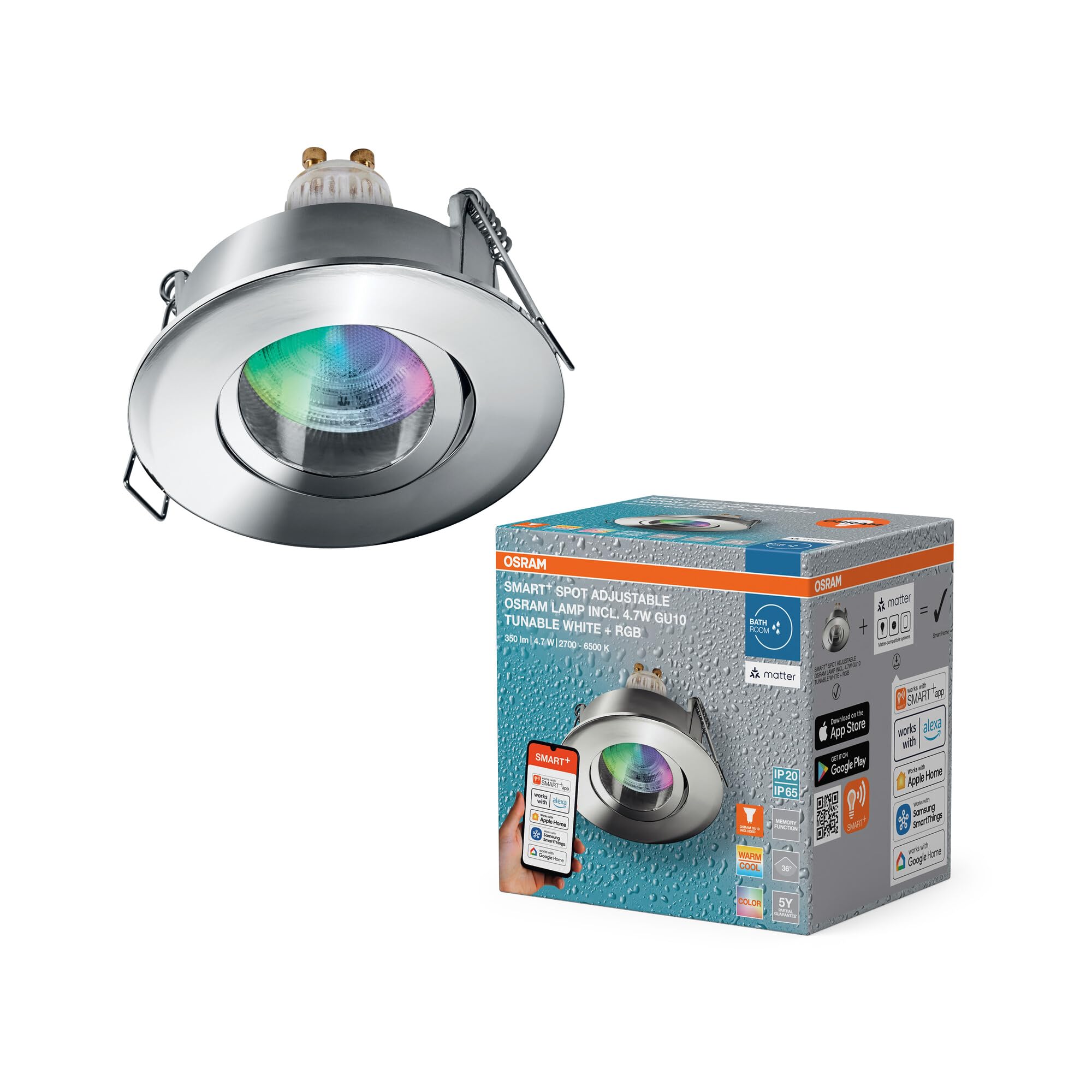 Osram Smart Matter Spot LED Einbaustrahler IP65 RGBW Verstellbar Chrom, 4,7W Smart Home, Dimmbar, App-Steuerung