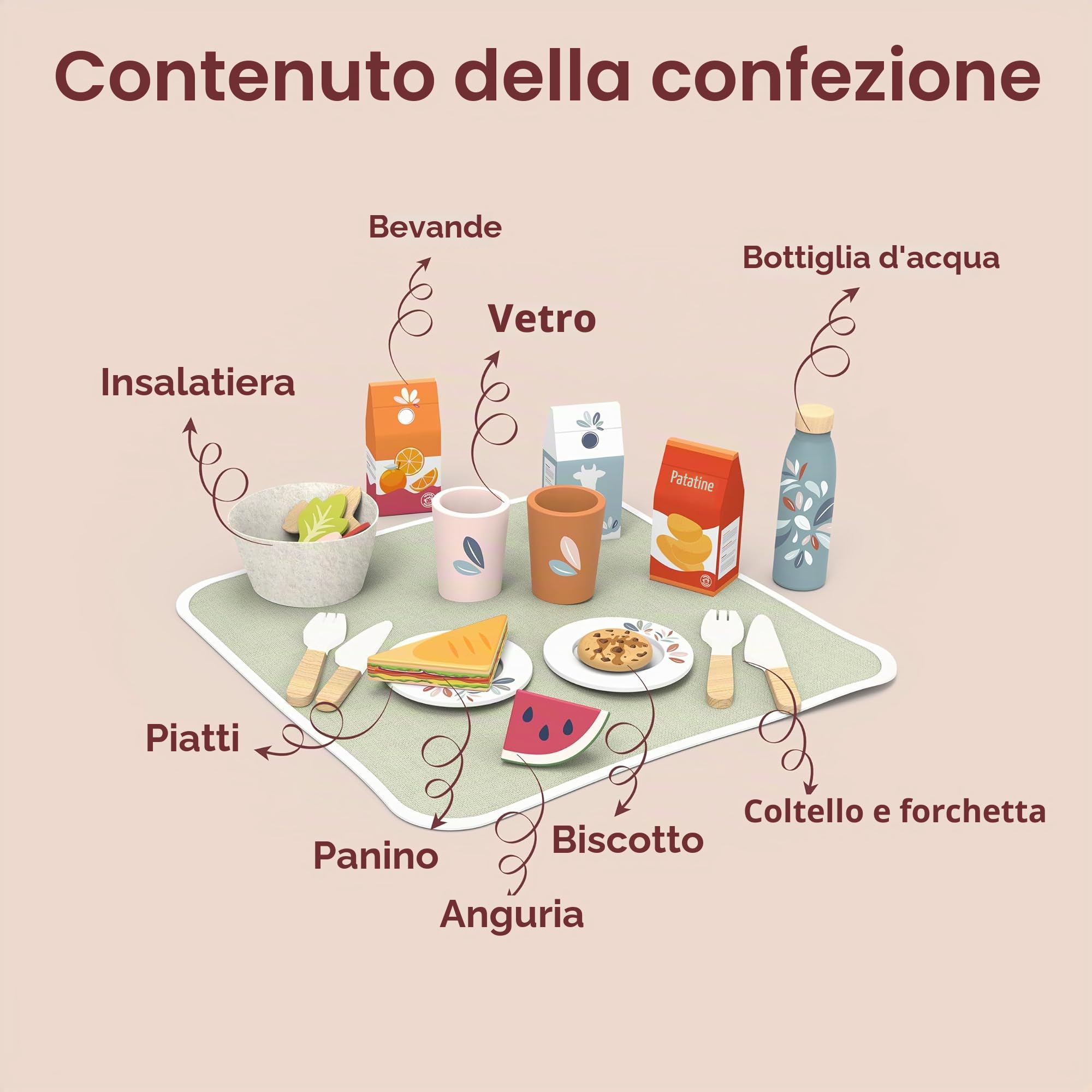 Speedy Monkey Cestino da picnic in legno, include piatti da gioco, ciotola in feltro, scatole per cibo e bevande, ottimo gioco di ruolo per ragazze e ragazzi di 2 anni, giocattoli per bambini e