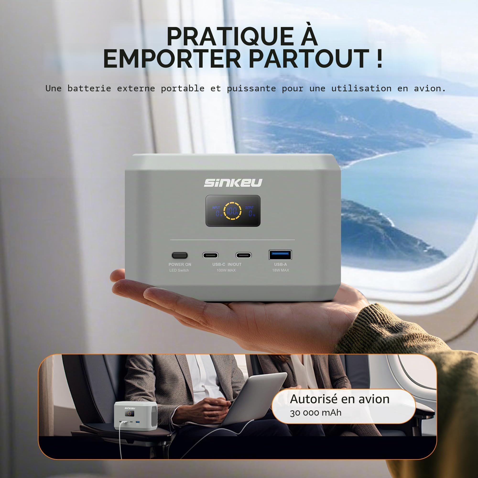 SinKeu Station d'alimentation portable, batterie LiFePO4 96 Wh, USB-C 100 W marche/sortie