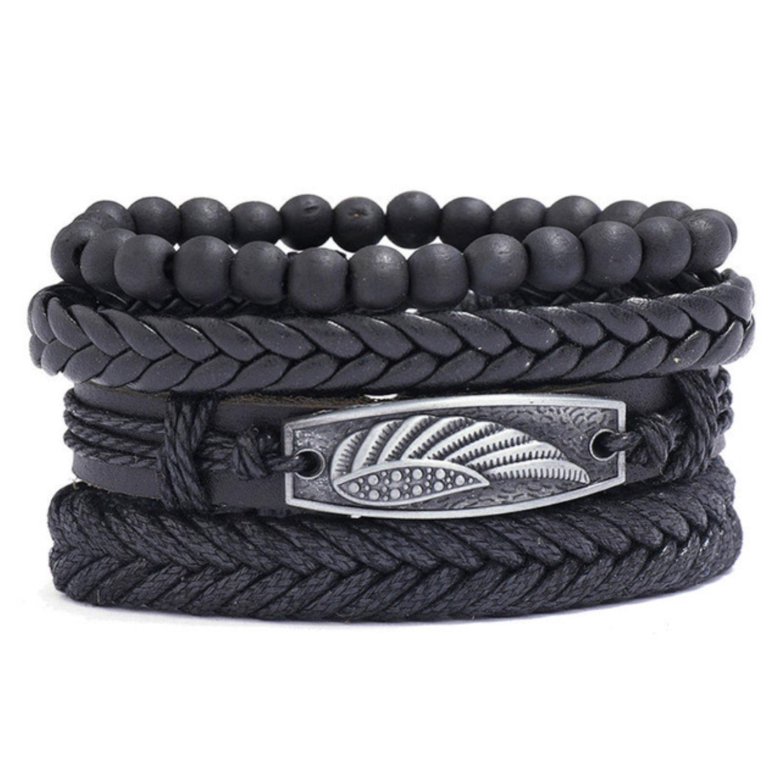 LYGXWJFC Pulsera de Cuero Multicapa con Plumas de Hoja Vintage para Hombre, Pulseras Trenzadas Hechas a Mano con Cuerda de Estrella, Regalo para Hombre