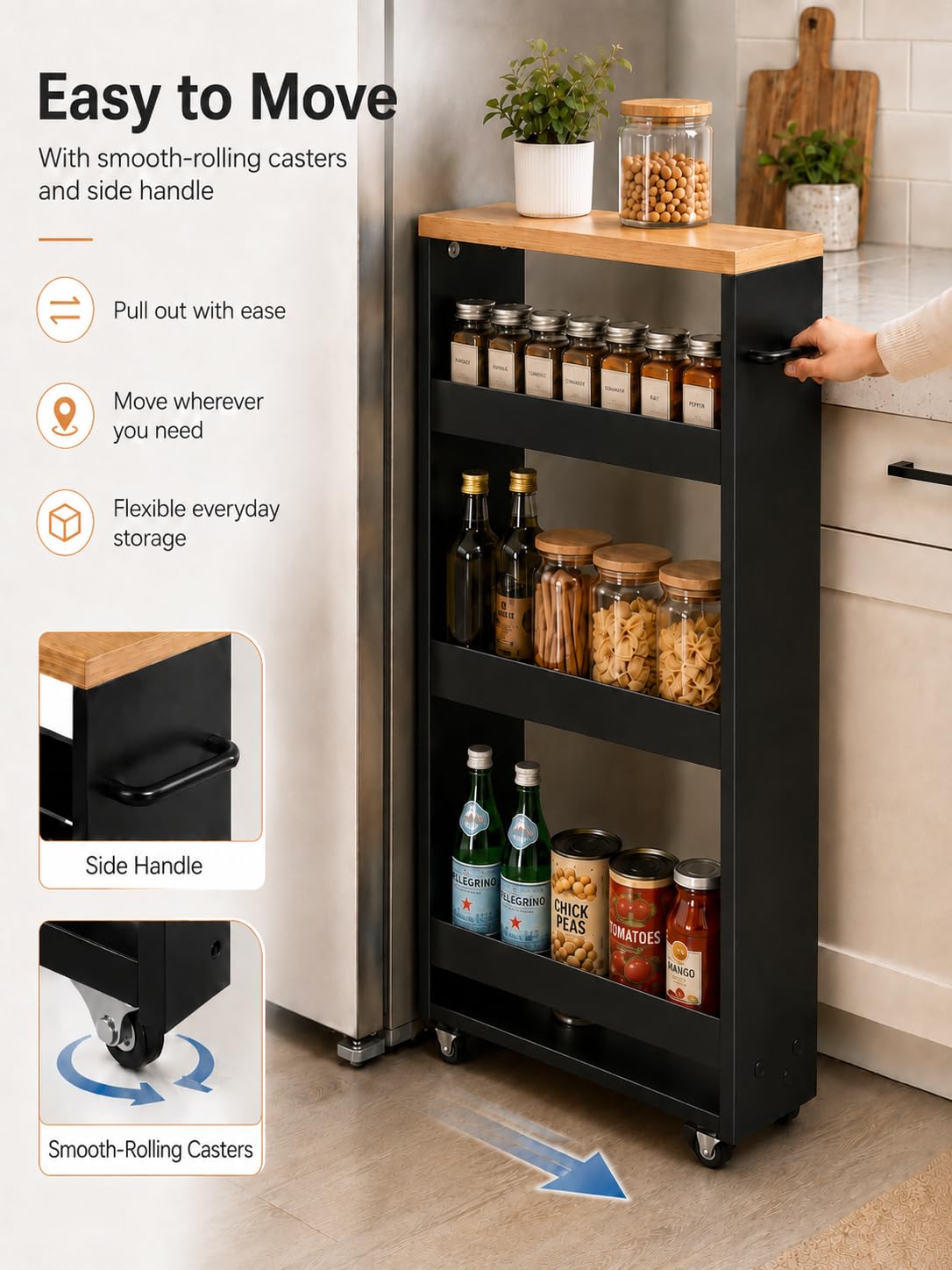 estantería Vertical Negra Estrecha con Ruedas 1 Unidad 80x40x14cm | Estantería vertical de 3 niveles para espacios reducidos con almacenamiento práctico y acceso fácil a objetos diarios