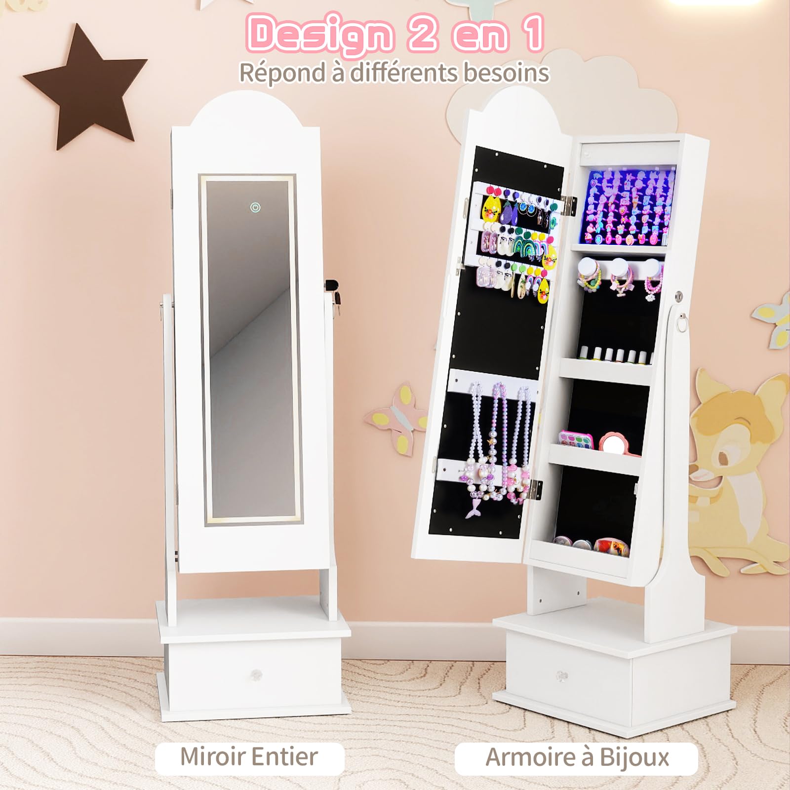 COSTWAY Armoire à Bijoux Enfant avec Miroir Éclairé et Tiroir, Organisateur de Bijoux en Forme Nuage avec Dispositif Anti-basculement, 2 Angles d'Inclinaison, Miroir Pleine Longueur, 3 Ans+ (Blanc)