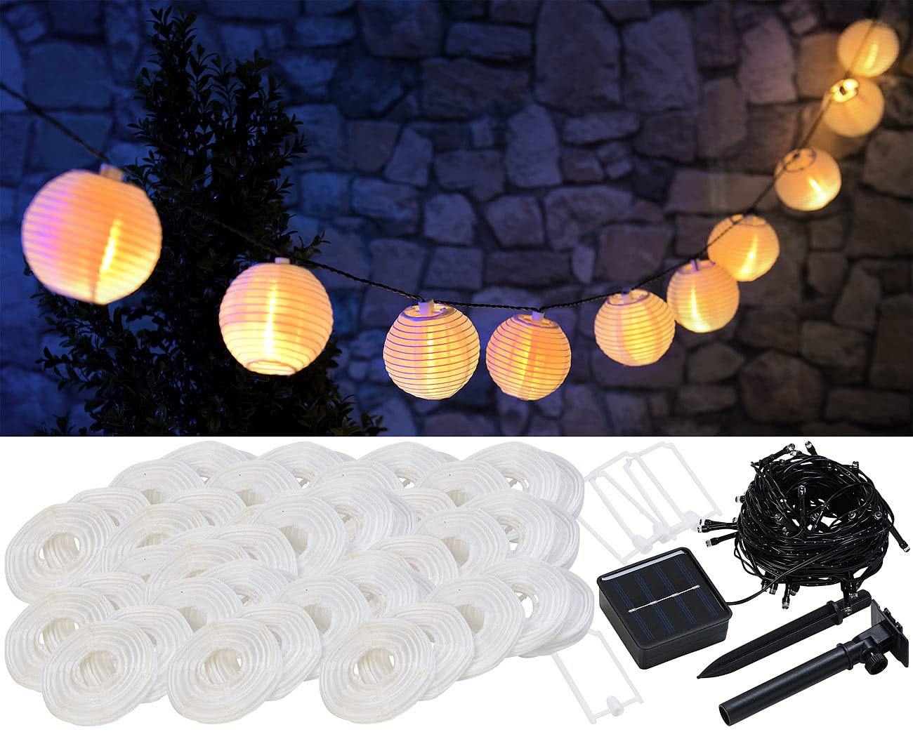 Lunartec Mini Solar Lichterkette: 2er-Set Solar-LED-Lichterketten, warmweiß, je 50 weiße Lampions, IP44 (Lichterkette außen Lampion, Balkon, Ball)