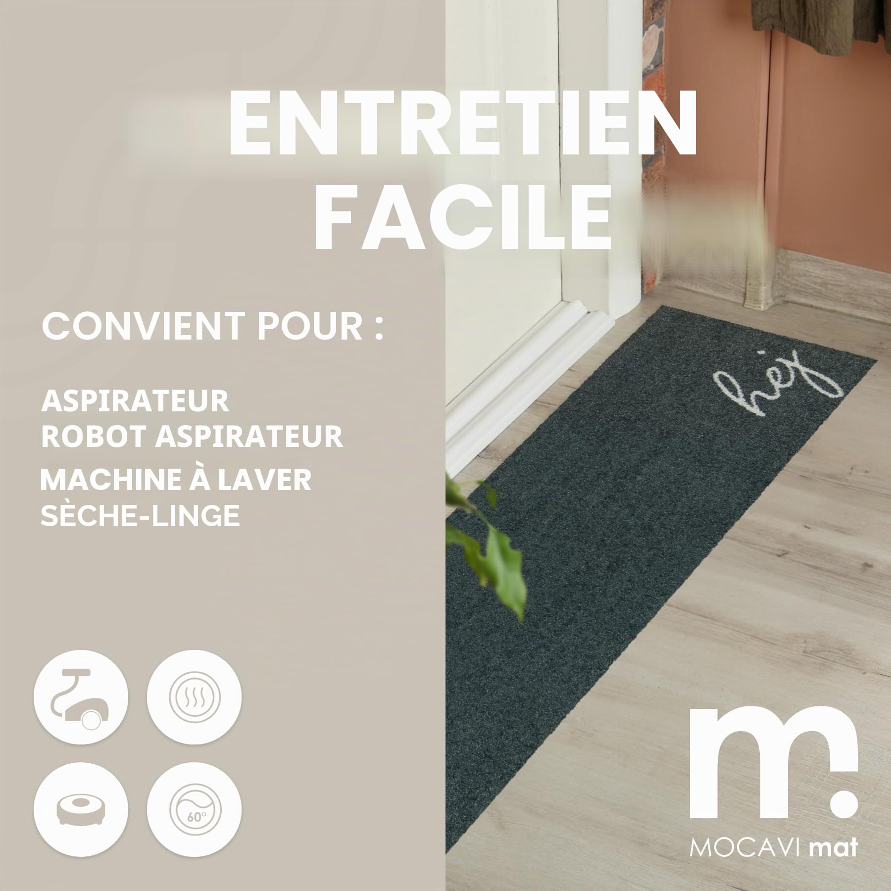 MOCAVI Hej Paillasson lavable pour l'extérieur et l'intérieur - Anthracite - 30 x 100 cm - Tapis long et étroit - Pour enlever les chaussures - Décoration intérieure et extérieure - Tapis de porte
