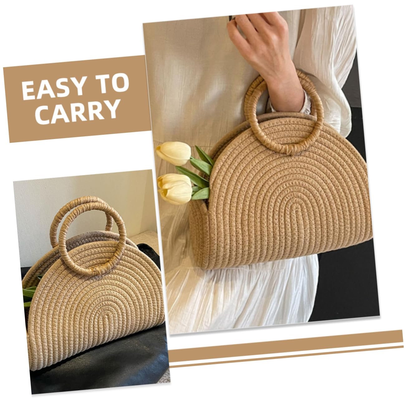 IMIKEYA Borsa Intrecciata in Corda di Cotone Khaki Portatile per l'Estate Grande Capacità e Design Rustico per Mare