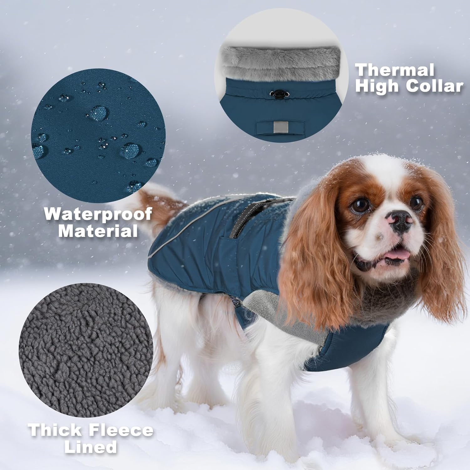 KYEESE Waterproof Dog Coat, Windproof Warm Winter Jacket with Thick Fleece Lined, Turtleneck Dog Coats for Small Dogs with Leash Hole, Reflective Outdoor Cold Weather Coat, Navy Blue, Medium
