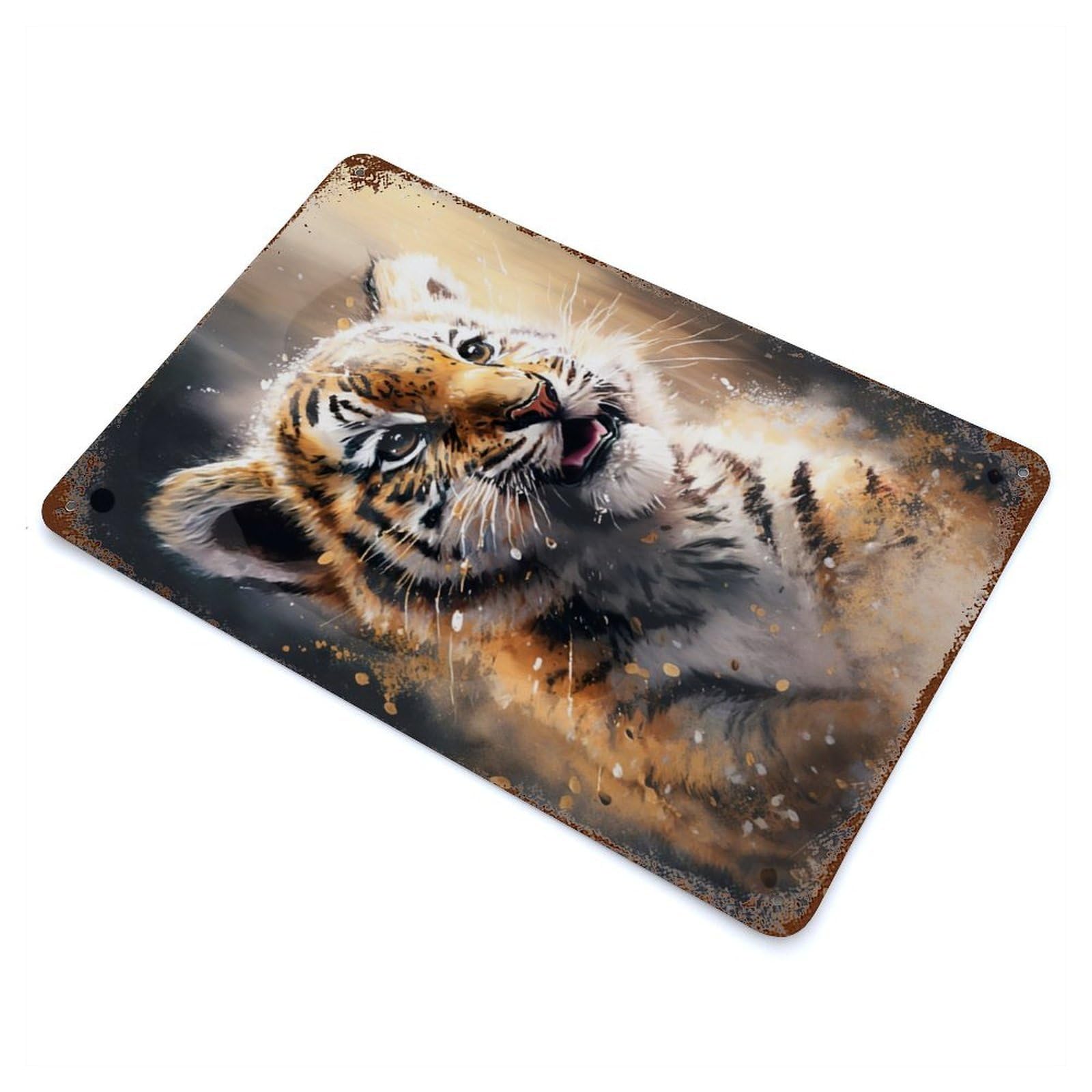 Rust Effect Tiger Watercolor Sketch Distressed Metal Wall Sign 11.8"x7.9", Decorative Metal Wall Art for Living Room, Hallway And Home Decor