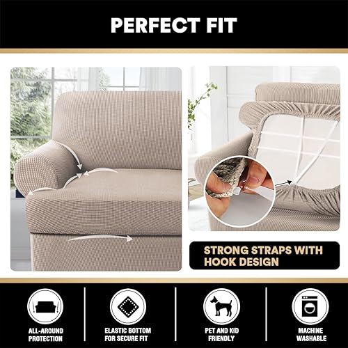 Miniatura 4 de PrinceDeco Funda de sofá con cojín en forma de T, 4 piezas, fundas de sofá suaves para sofá, protector de muebles con 3 fundas individuales en forma