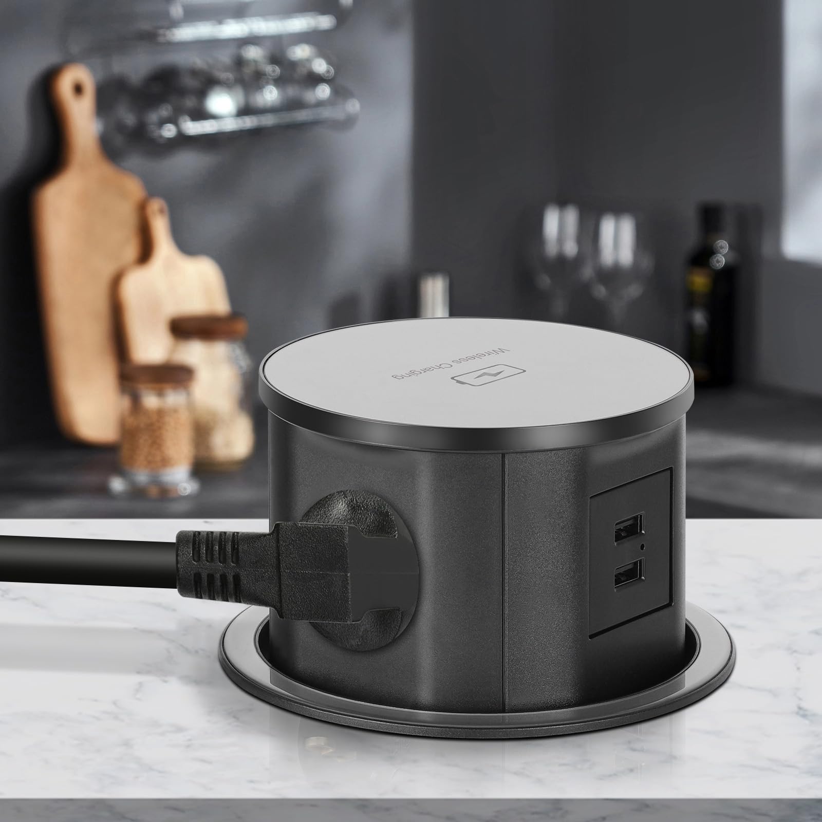 XIIW Multiprise Encastrable 3 Prises [Type F] + 15W Chargeur sans Fil Qi & USB-A – 3680W/16A – ABS Ignifuge avec Sécurité Enfant – Prise de Table pour Bureau, Plan de Travail et Cuisine, 1,8m Câble