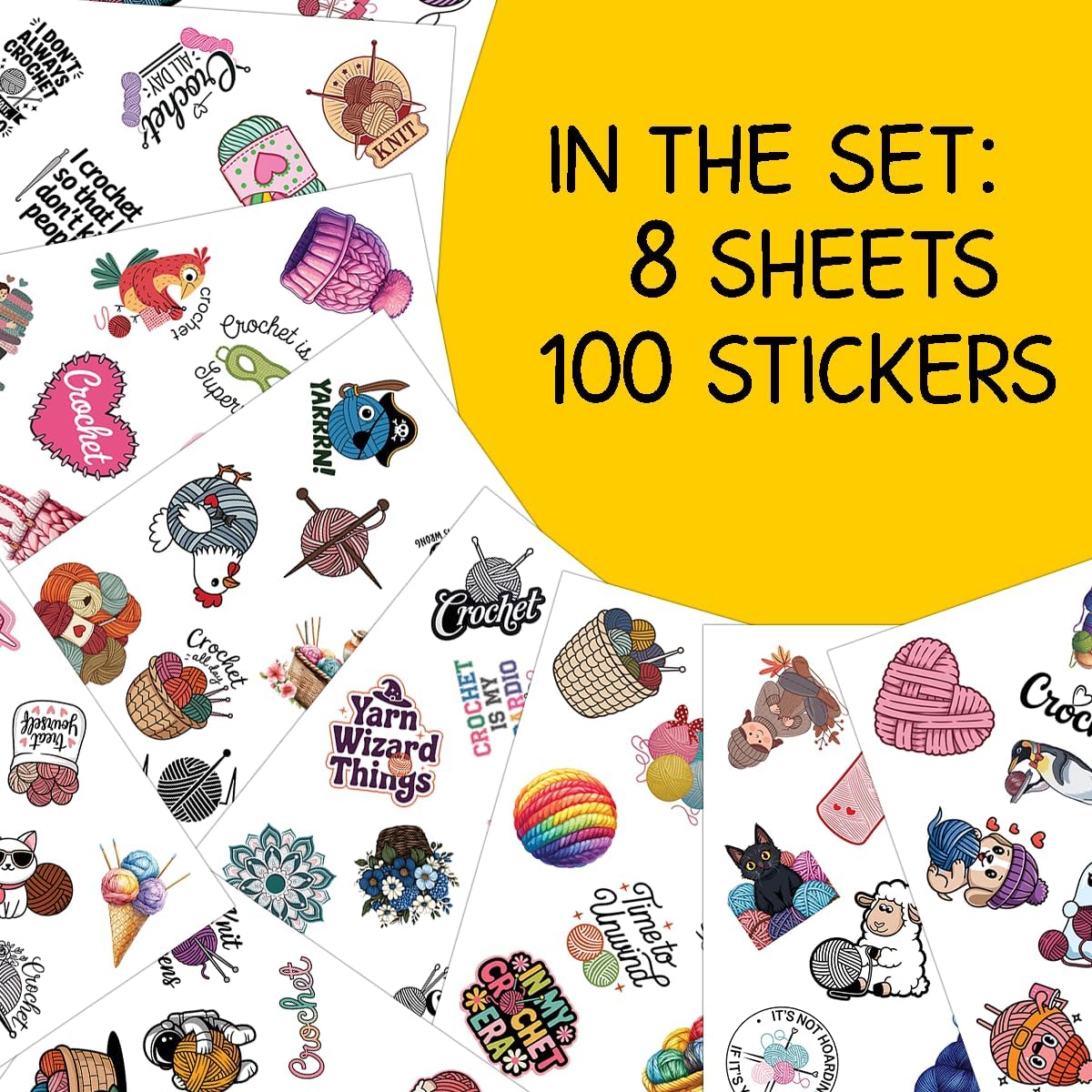 100pcs Crochet and Knitting Stickers Waterproof Vinyl Perfect for Phone Cases, Laptops, Luggage, Birthday Parties, Picnic Crafts, and Daily Decoration image 2