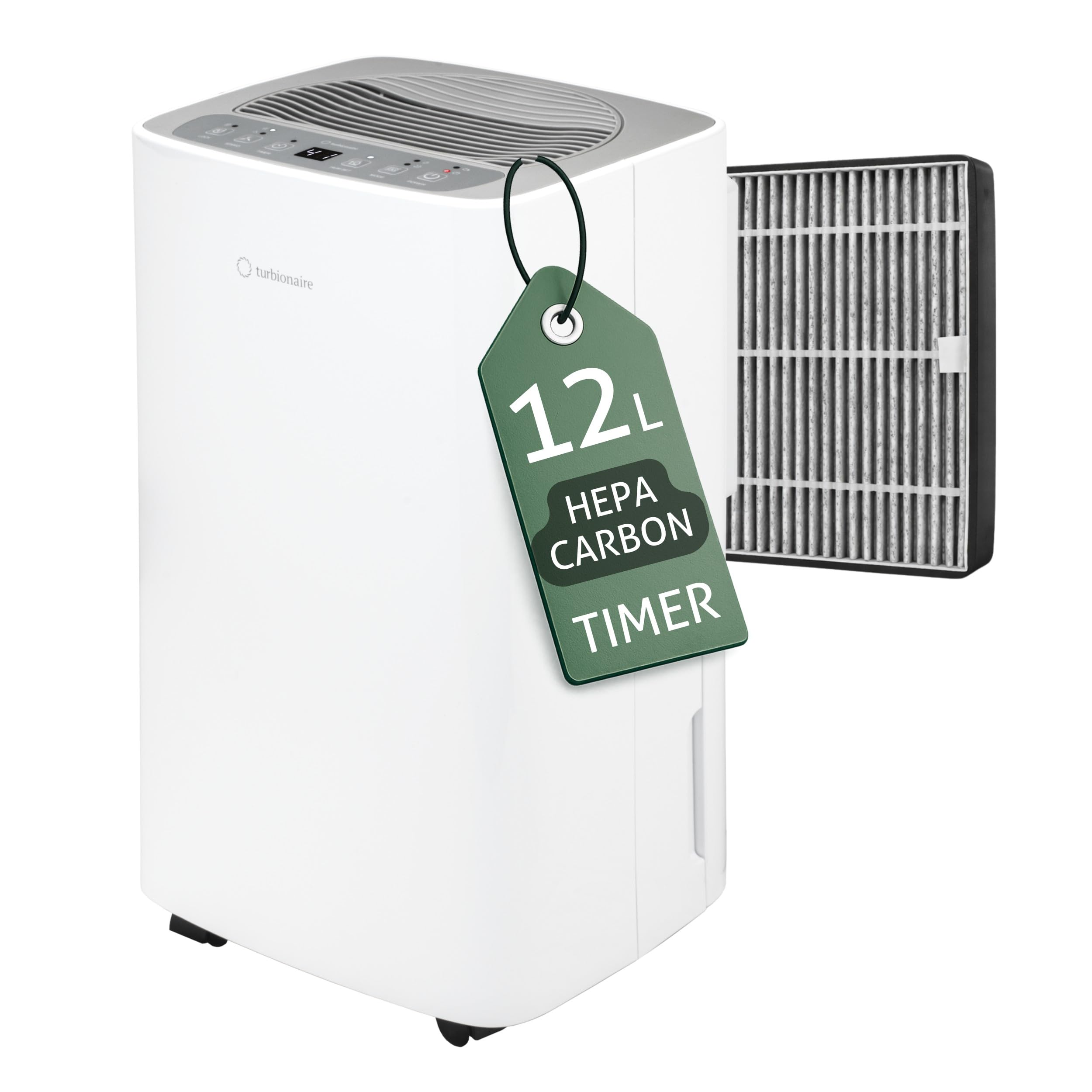 Turbionaire SENSO 12 SG Clean Deumidificatore e Purificatore 2 in 1, 12L/24h, Filtro HEPA + Carbone, Poco rumoroso, Tanica da 2L, LED, Timer, Adatto fino a 22m², Casa Muffa, Modalità dryer